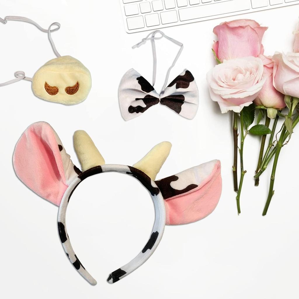 PESENAR Animal Costume 4 Pieces Set Cow Ears Headband Nose Bowtie and Tail Party Cosplay Halloween Dress Up Accessories