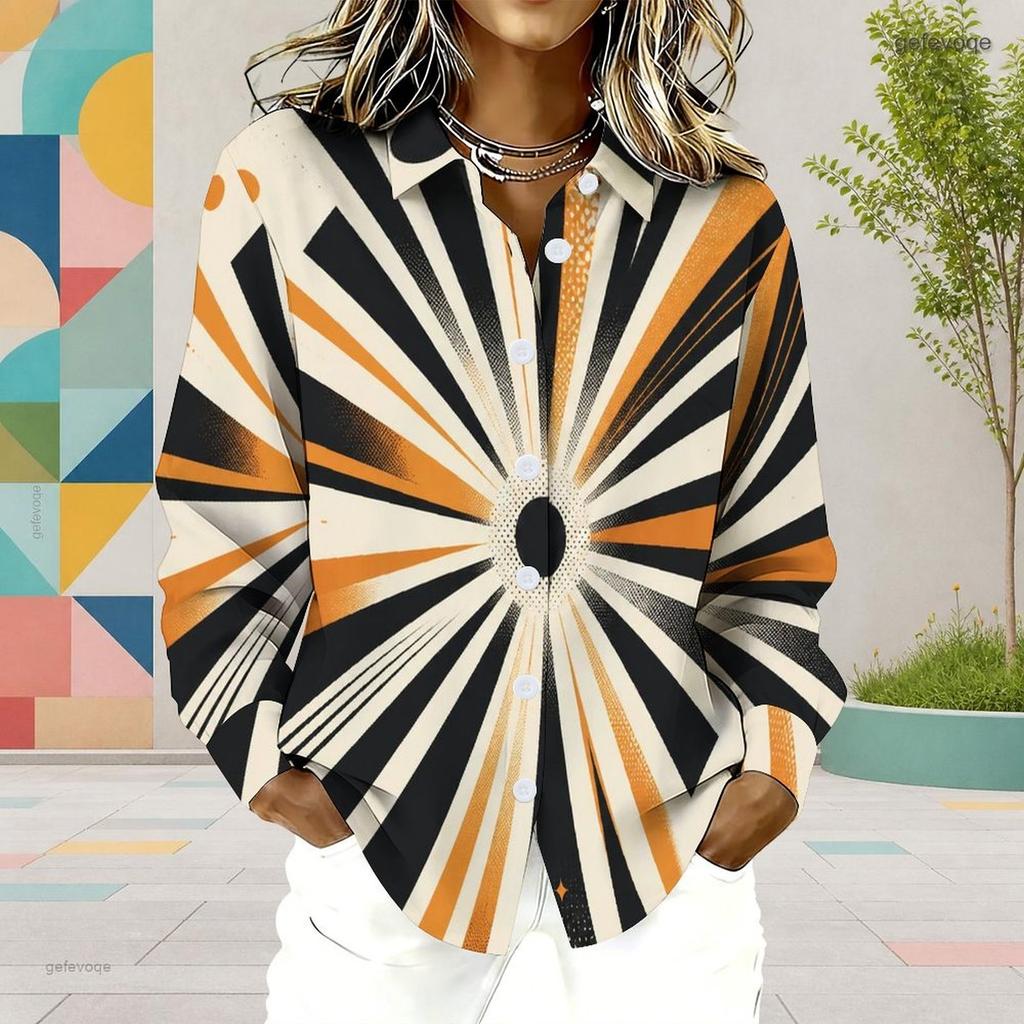 Women Plus Size Abstract Geometric Printed Collared Neck Long Sleeve Button Front Curved Hem Shirt