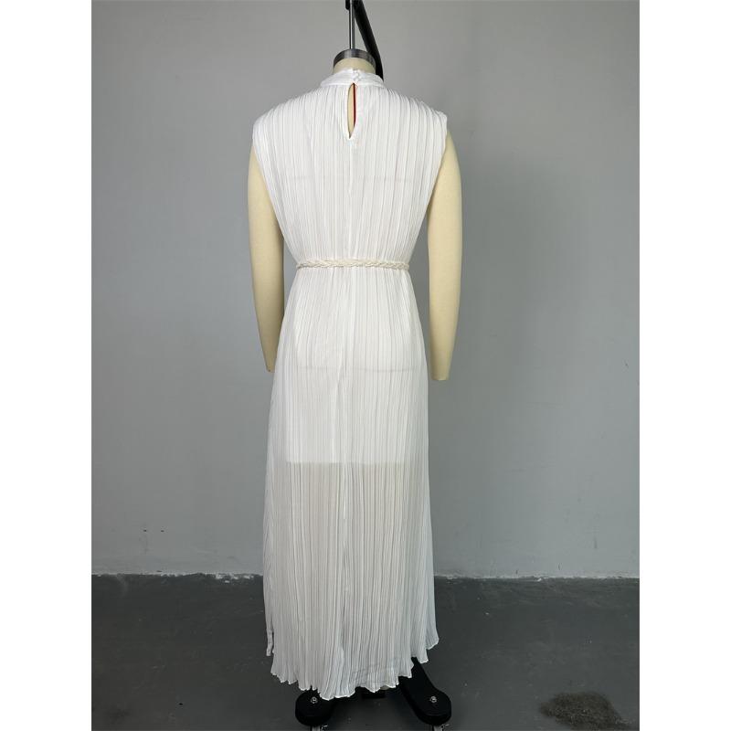 Summer Women's Simple Half High Neck Waist Tie Midi Dresses