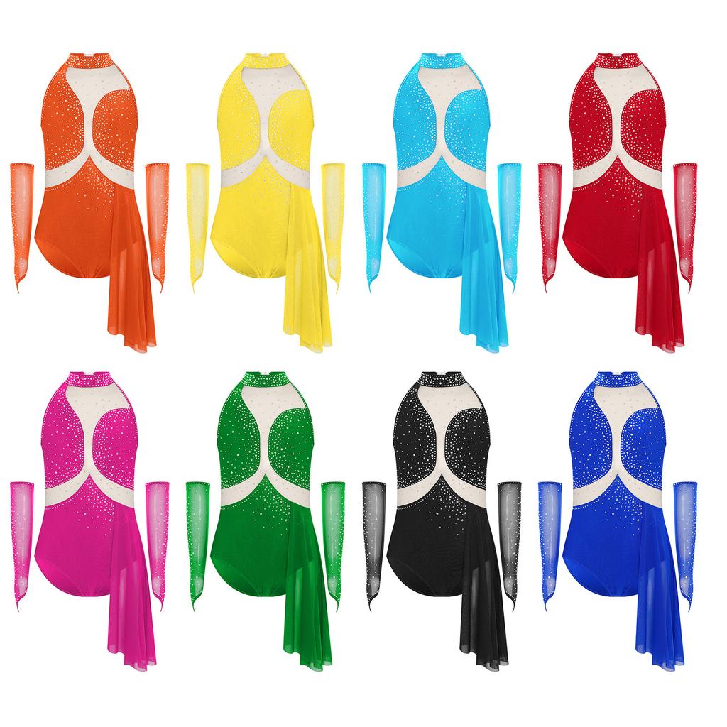 Costum Patinaj Artistic Fete Design Spate Decupat Strassuri Sclipitoare Plasă Transparentă Fustă Asimetrică