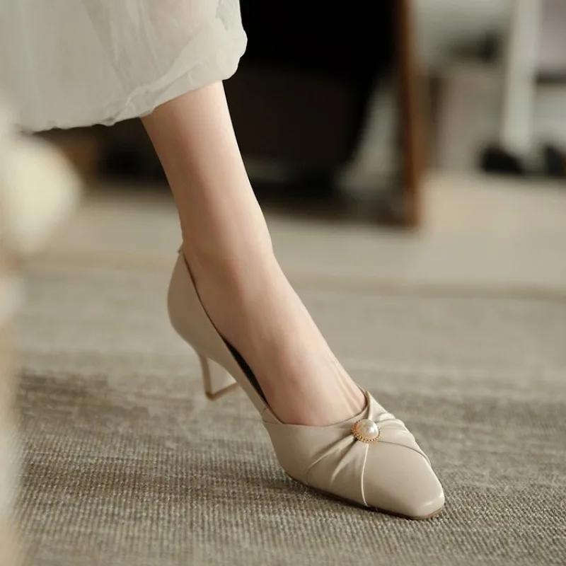 Shallow Apricot Women's Shoes Thin Heels Pearl Square Toe with Medium Pleated Ladies Footwear Shoe Casual Popular Fashion Young