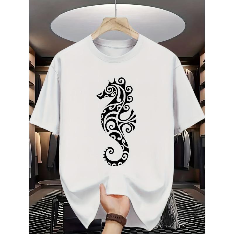 

European sizes Men S Casual Graphic T-Shirt with Seahorse Tattoo Design - Black Short Sleeve Crewneck 4XL білий