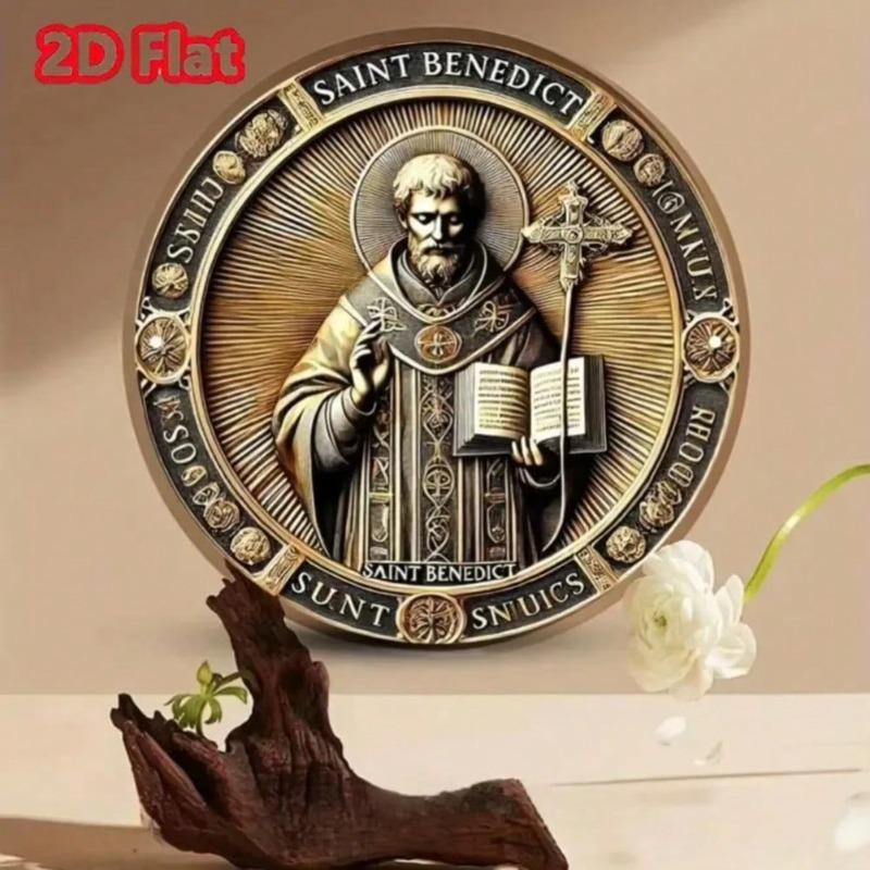 Vintage Saint Benedict Metal Wall Art Round Aluminum Sign Home Bar Office Decor
