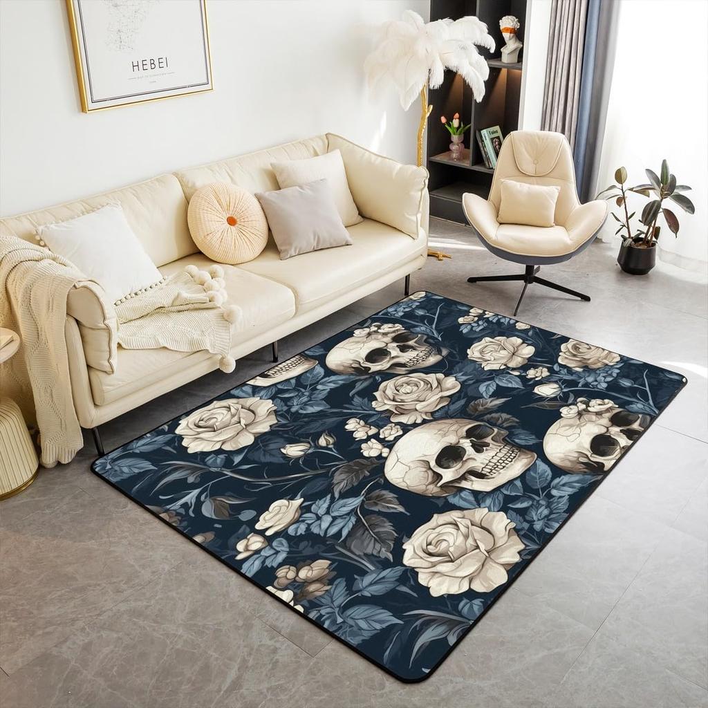 Cute Black Bat Large Area Rug 5x7, Floral Plant Leaves Living Room Rug, Starry Sky Moon Galaxy Rugs for Bedroom Boho Exotic European Style C