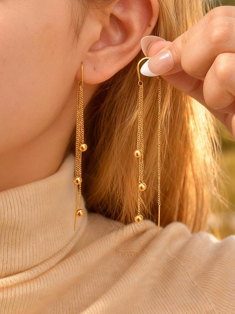 

Charm Ball Long Drop Dangle Earrings for Women Stainless Steel Bean Tassel Ear Wire Earrings Trendy Bride Ear Line Jewelry Gift