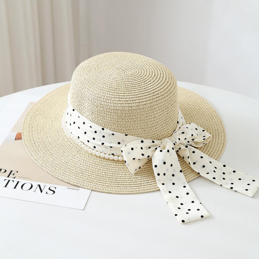 French elegant polka dot bow streamer pearl straw hat women's summer big brim sun hat seaside outing beach hat