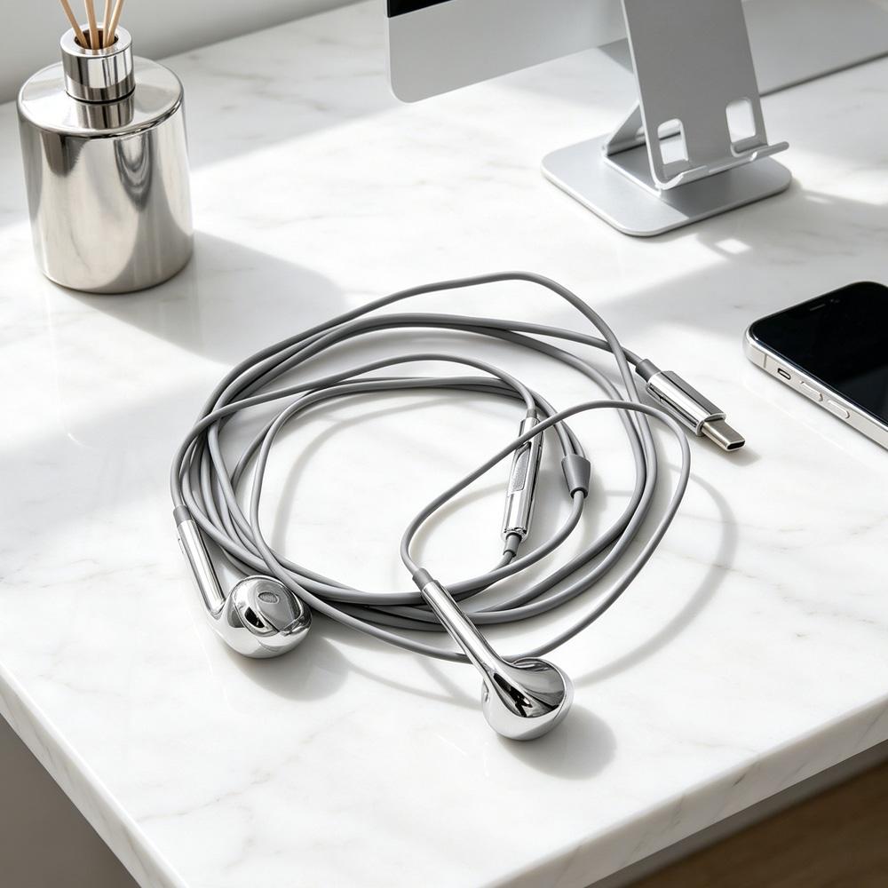 Fashion Silver Wired Type-C or Lightning In-Ear Earphones Compatible with Tablets Laptops - Headphones for General Use
