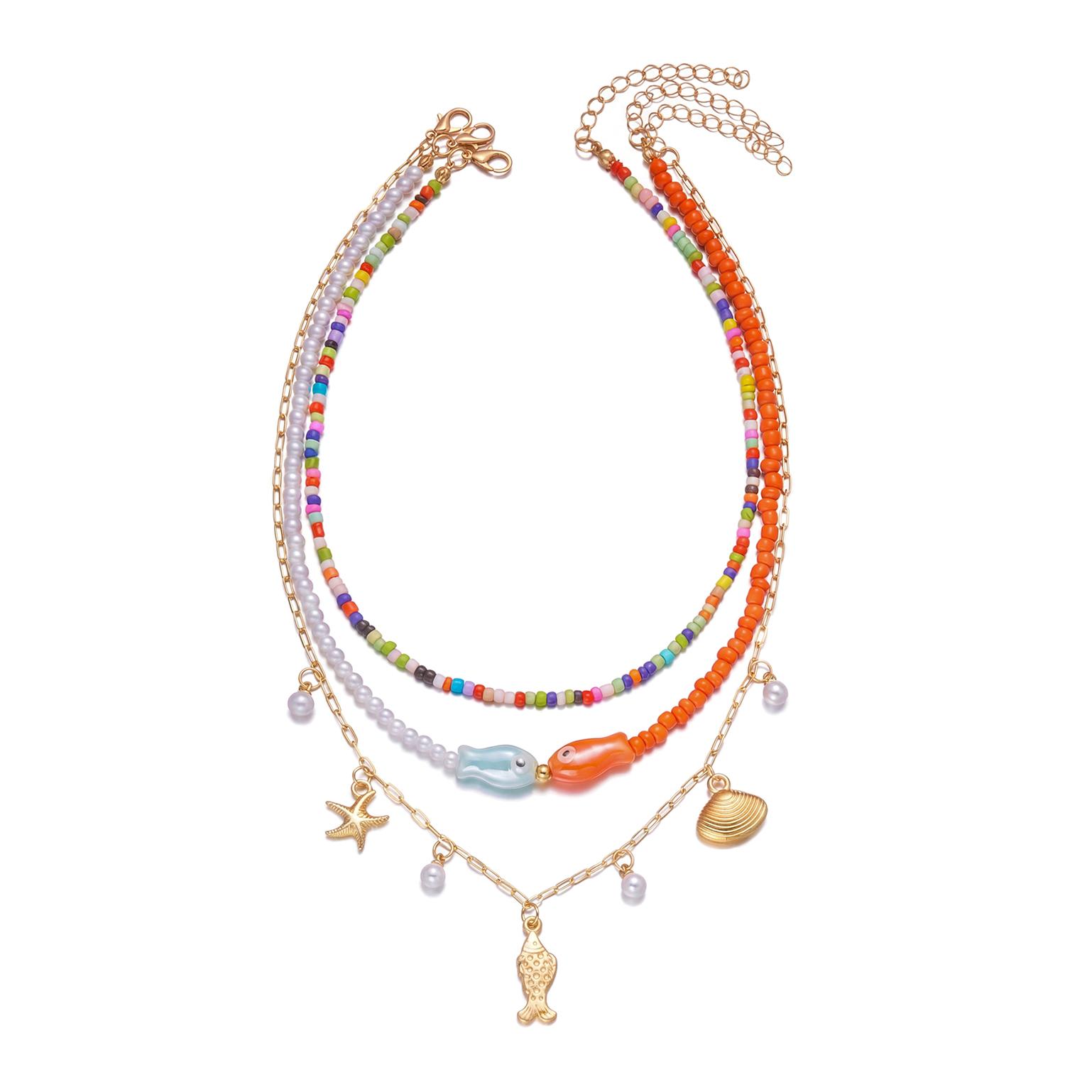 3Pcs/Set Vacation Fish Starfish Shell Seed Bead Necklace Summer Beach Ocean Theme Boho Choker Jewelry For Women