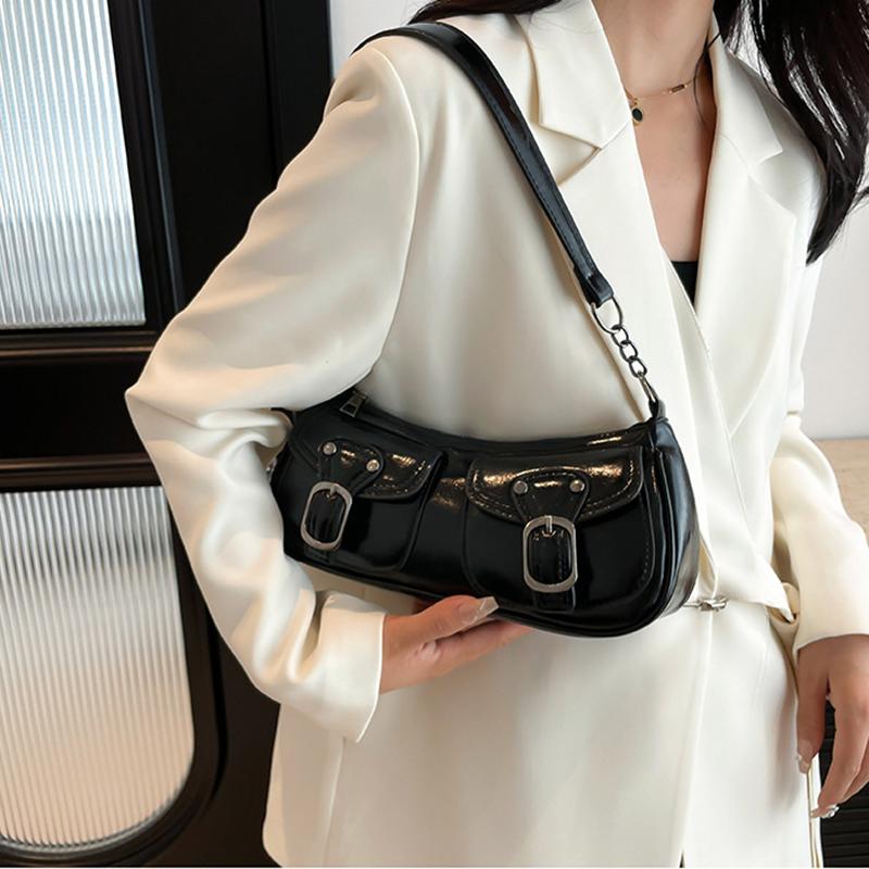 Stylish Women's Solid Color Underarm Bag Elegant Black Steampunk Shoulder Purse with Adjustable Chain Strap Perfect for Everyday Use CLE