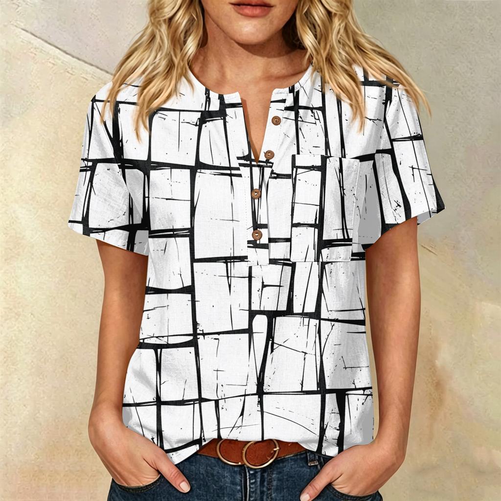 Damenmode Bedrucktes kurzärmeliges Baumwoll-Leinen-Henley-Shirt mit Knopfleiste und Brusttasche für Freizeitkleidung
