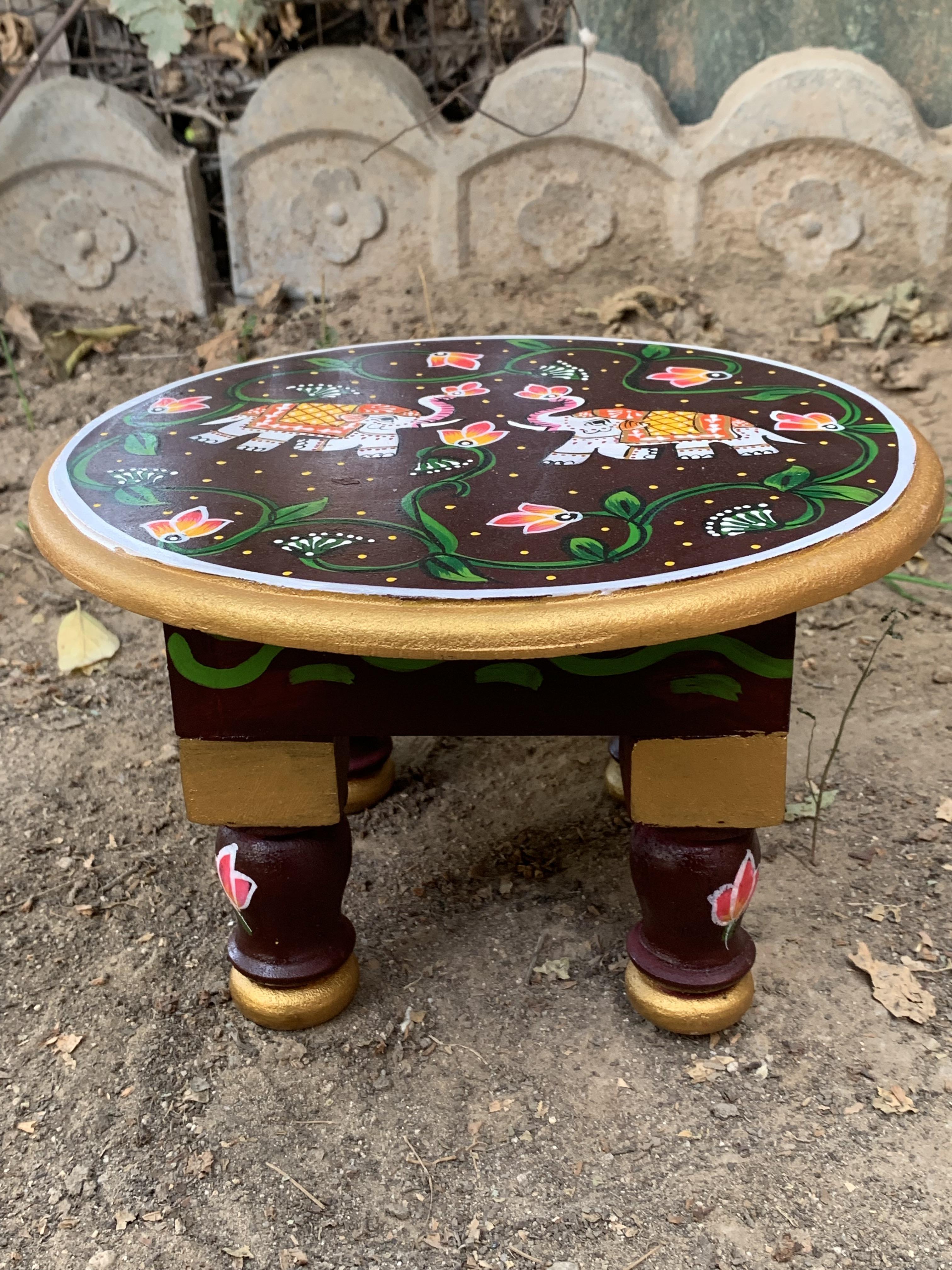 Hand Painted Wooden Chowki Bajot | Round Elephant Design Stool Table 10” X 10” X 6” (l x w x h) approx.