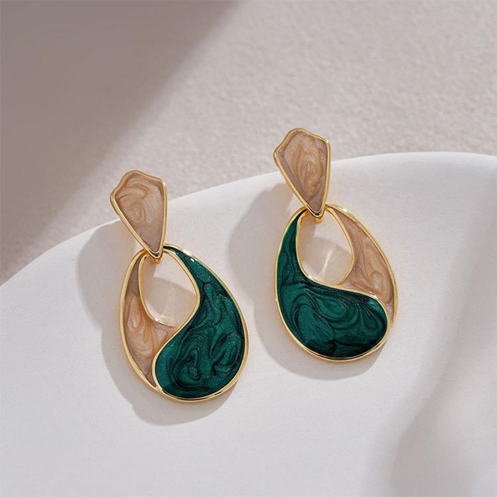 Trendy Patchwork Water Droplet Earrings for Women Personality Geometry Green Enamel Oil Drop Earrings Party Hollow Out Zircon