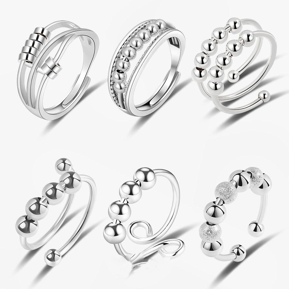 Anti Stress Anxiety Silver Ball Rings 925 Women Men Spinner Fidget Rings Vintage Gold Couple Anillos Jewelry Gift