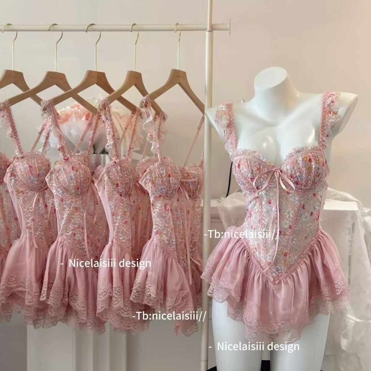 

Sexy underwear floral printing and dyeing, sweet bra with chest pad to look thin, sexy dress gathering vest, waist to look thin One size fits all【 40-55kg 】 рожевий