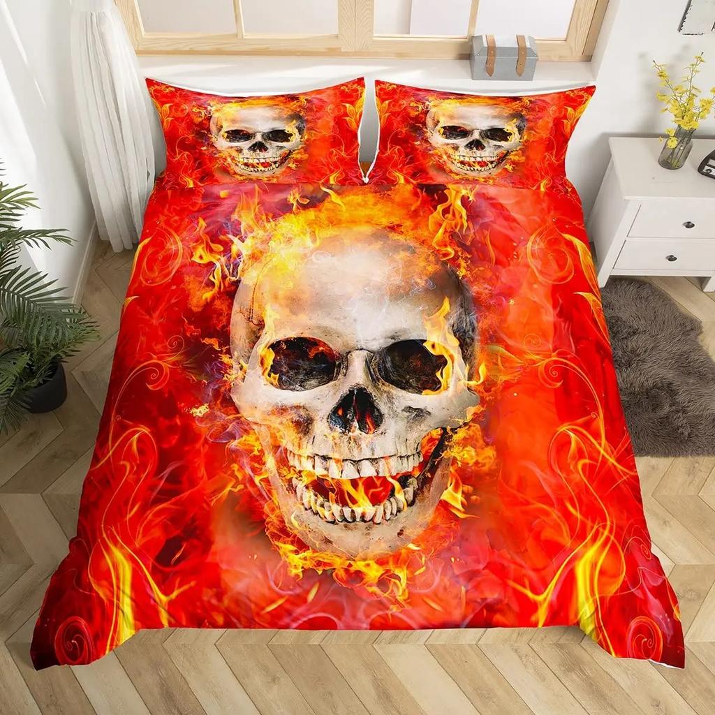 Skull Bedding Duvet Cover Set, White and Black Boho Gothic Skull Skeleton Bones Theme Bed Comforter Cover for Adults Decor