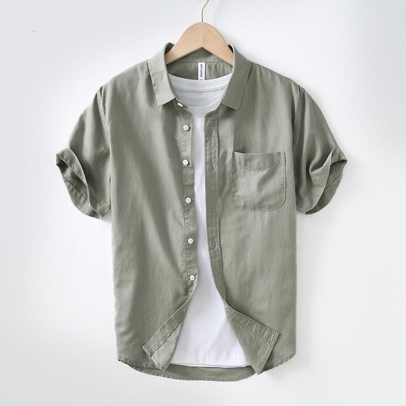 L990 Men's Minimalist Cotton Linen Square Neck Short Sleeve Shirt, Solid Color