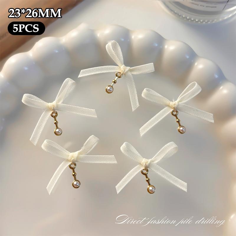 

5 Pcs Organza Ribbon Bow Nail Charms Japanese Ballet Core Style,Minimalist Satin Bows for Nail Art Elegant Manicure Embellishments бежевий