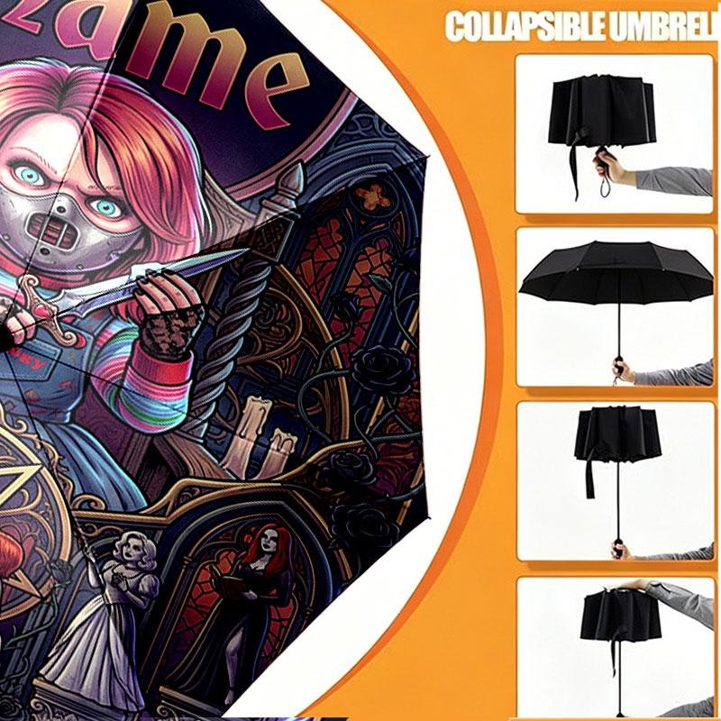 Custom Name Personalized Horror Theme Chucky Print Umbrella, Auto Open Close, 8‑Rib Sturdy Frame, Commute Camping Hiking Use, Birthday Gift