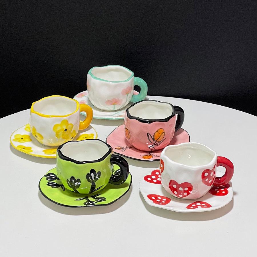 High-Value Hand-Pinched Irregular Underglaze Color Hand-Painted Flower Love Ceramic Coffee Cup Saucer Exquisite Afternoon Tea Cup Saucer