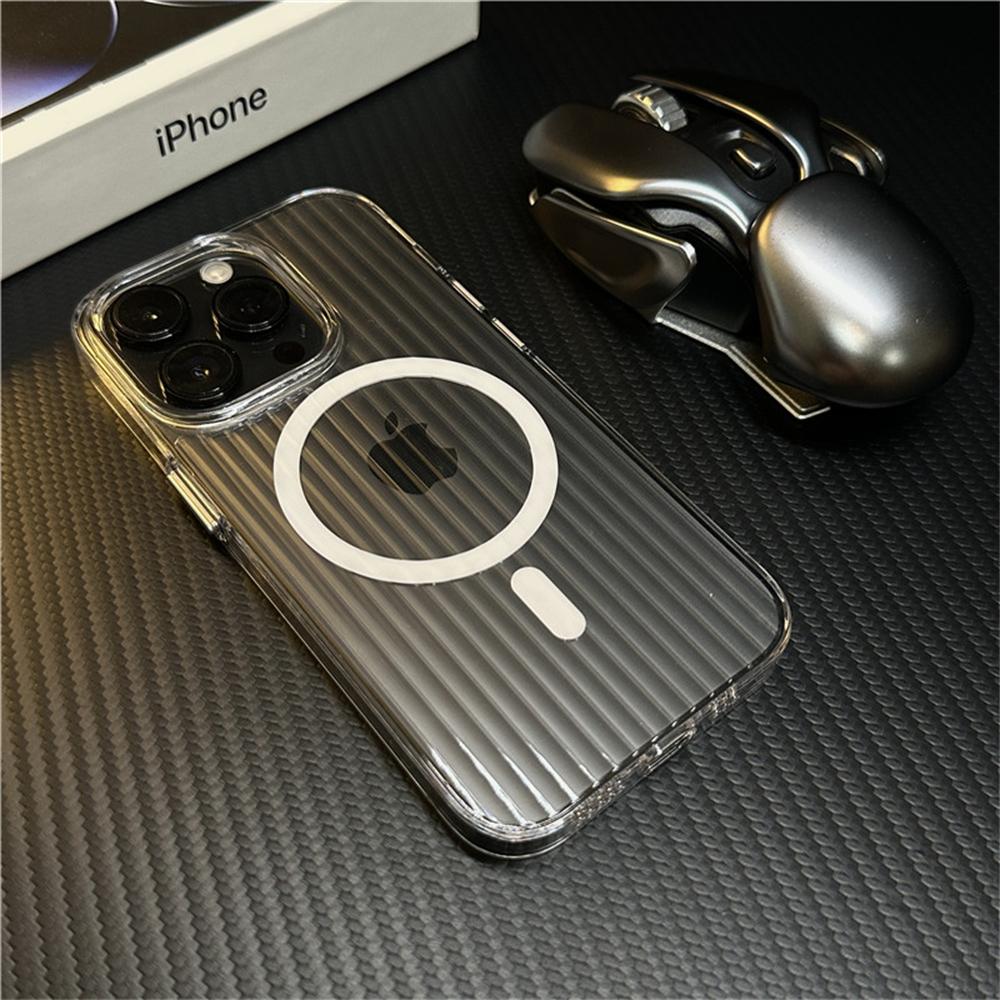 Transparent Magnetic For Magsafe Wireless Charger Phone Case For iPhone 14 11 12 13 15 Pro Max Plus Shockproof Soft Stripe Cover