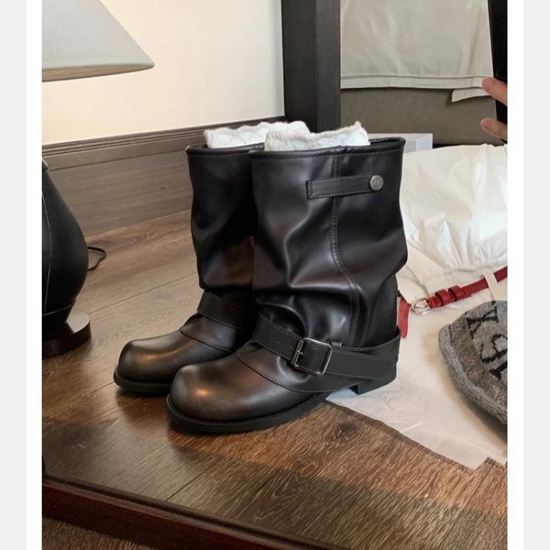 Klobige Plateau Weitschaftige Slouchy Stiefeletten - Echtes Leder Damen Herbst/Winter Stil