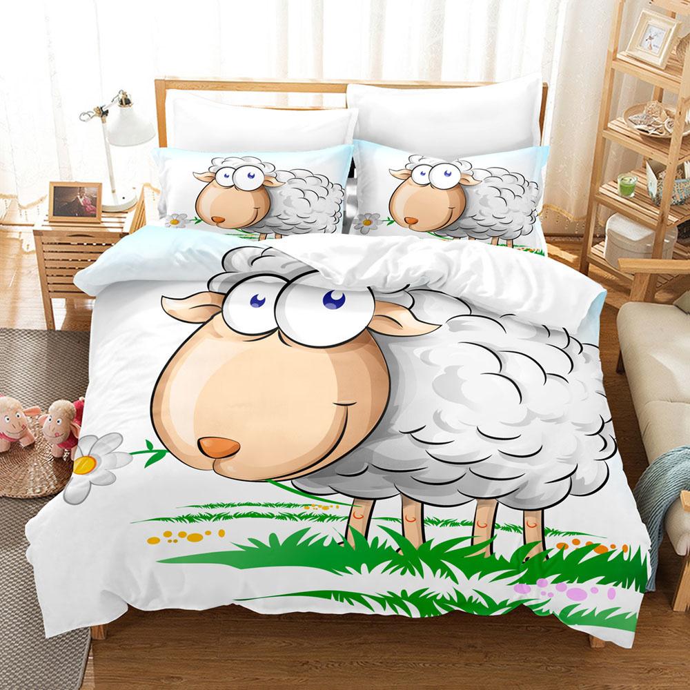 Cartoon Sheep Duvet Cover Set Cute White Sheep Flowers Pattern King Queen Full Size For Kids Boy Girl Gift Polyester Bedding Set