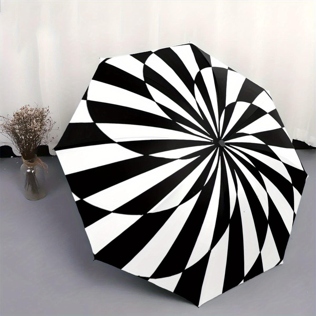 

Automatic Folding Umbrella Spiraling black and white stripes. Portable collapsible design, casual outdoor accessory, for all s Iron&8K