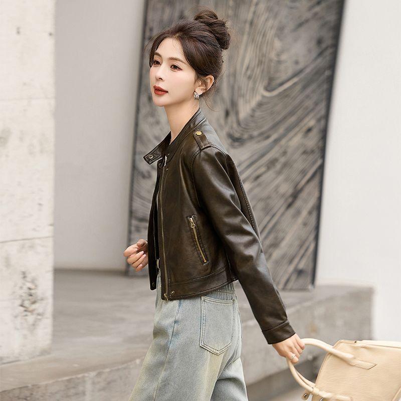 Short Leather Jacket for Women Spring and Autumn New Style Small Motorcycle Slim Stand Collar Leather Jacket