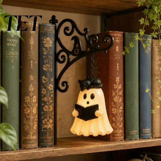 Dark Fairy Tale Room Ornament Hanging Ghost Book Light, Spooky Iron Bookshelf Decor with Warm Halloween Party Table Glow, Gothic Reading Corner