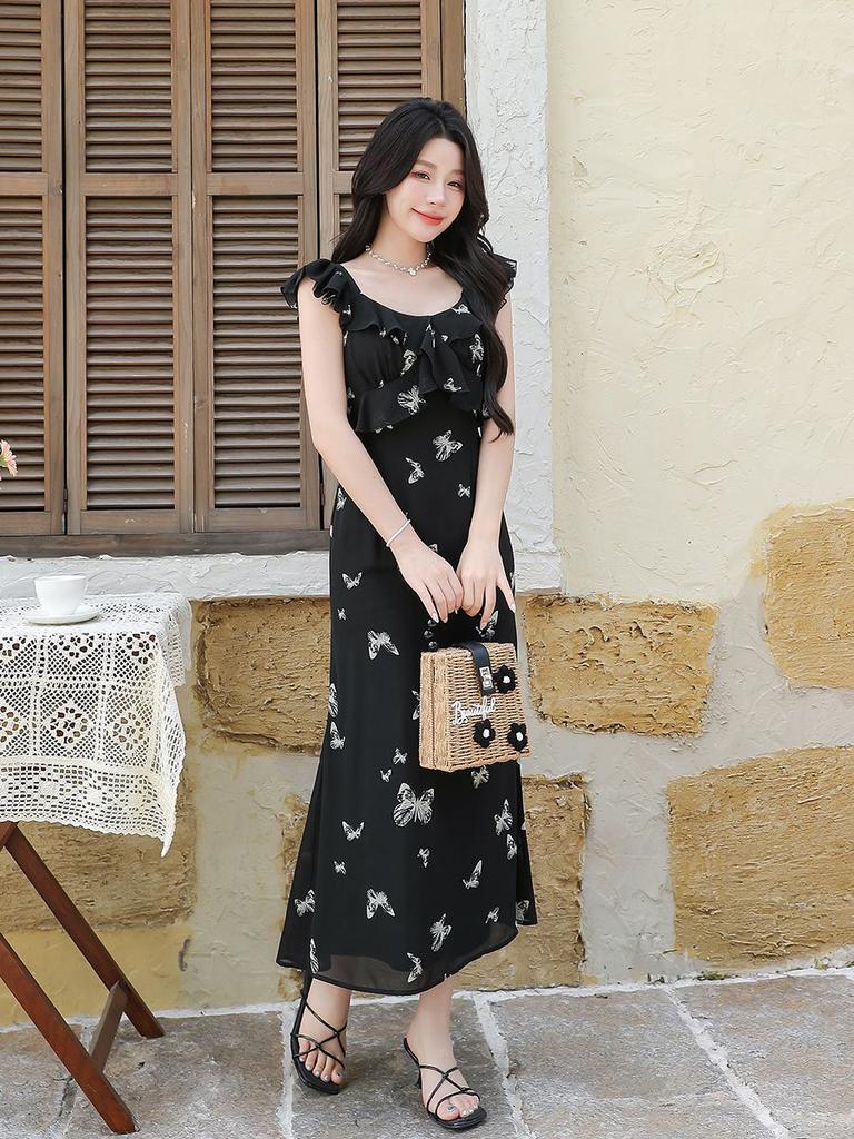Black French Floral Retro Dress Women's Summer New Butterfly Print Small Flying Sleeve Sleeveless Temperament Long Dress