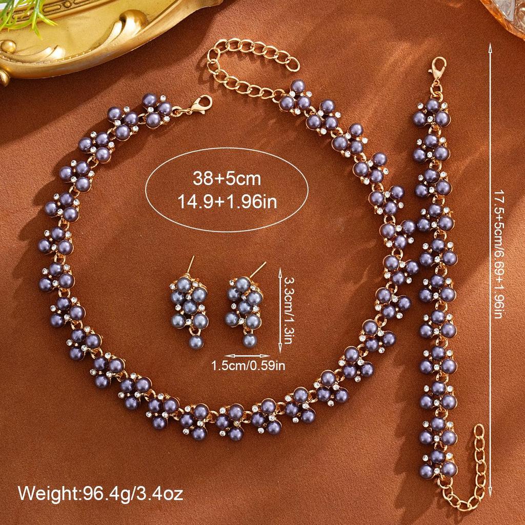 Luxurious Geometric Rhinestone Pearl Jewelry Set: Necklace, Bracelet, Earrings