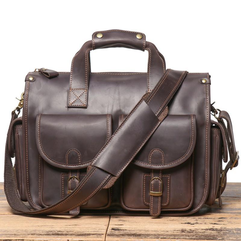 Head Layer Cowhide Multifunctional Briefcase Large Capacity 14 Inch Computer Crossbody Bag European American Retro Portable Men s Handbag