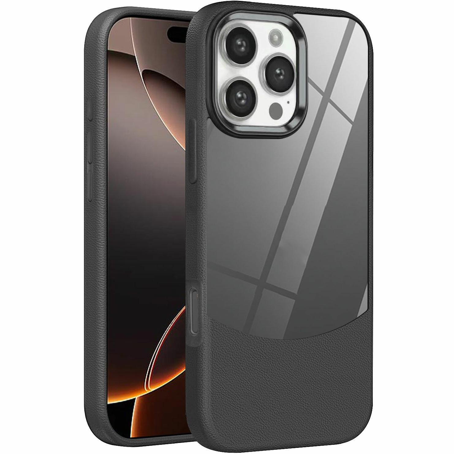 

For iPhone 16 Pro Case Litchi Texture TPU+Clear Acrylic Protective Phone Cover Black