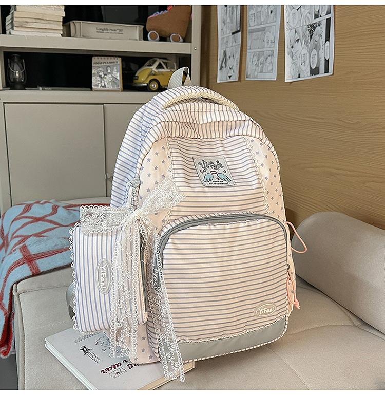 Mochila estilo universitario japonés para chica, mochila a rayas frescas con encaje, mochila escolar para estudiante, gran capacidad, mochila casual para estudiante de secundaria