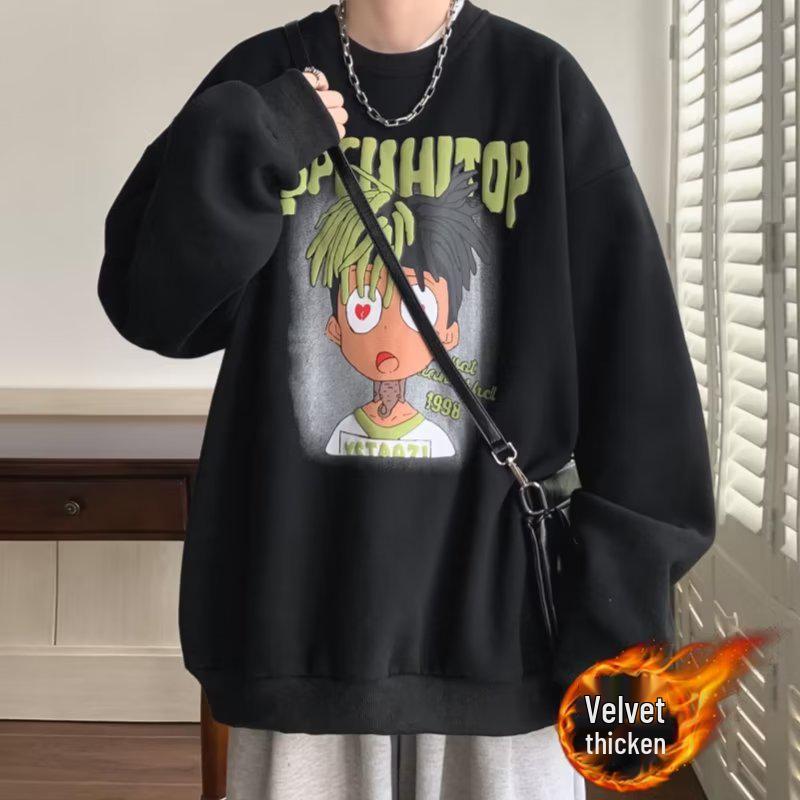 Men's American Cartoon Hip Hop Plus Velvet Thickened Hoodie - Round Neck Autumn Winter Outerwear