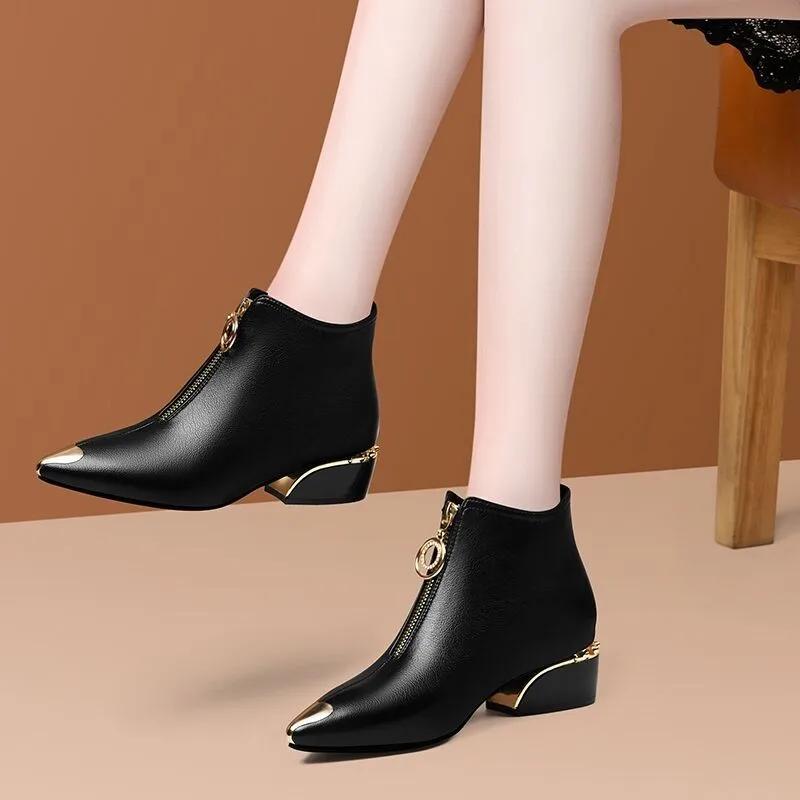 2024 Women's Boots Fashion Metal Pointed Short Boots Autumn and Winter Women Leather Boots Elegant Thick Heel Women Ankle Boots
