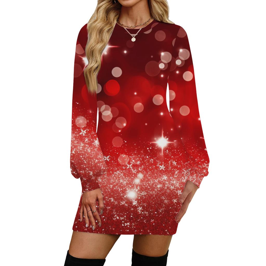 Damenmode Lässig Weihnachts-Print Rundhals Langarm Kleid