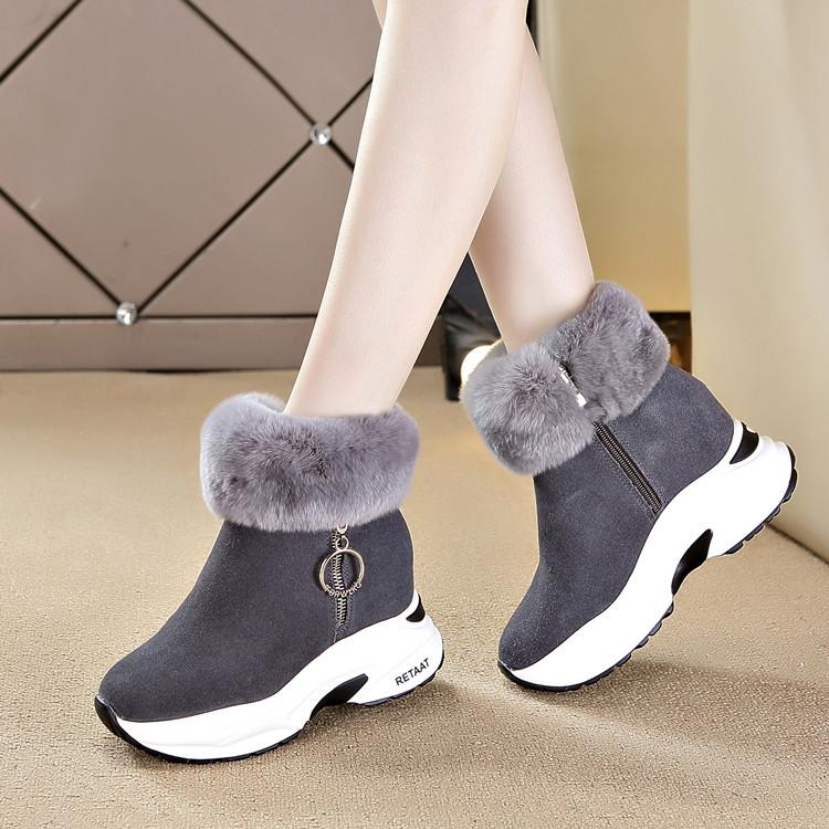Snow boots women's, autumn and winter warm cotton boots, casual shoes, rabbit fur wedge heel short women's shoes zipper Martin boots