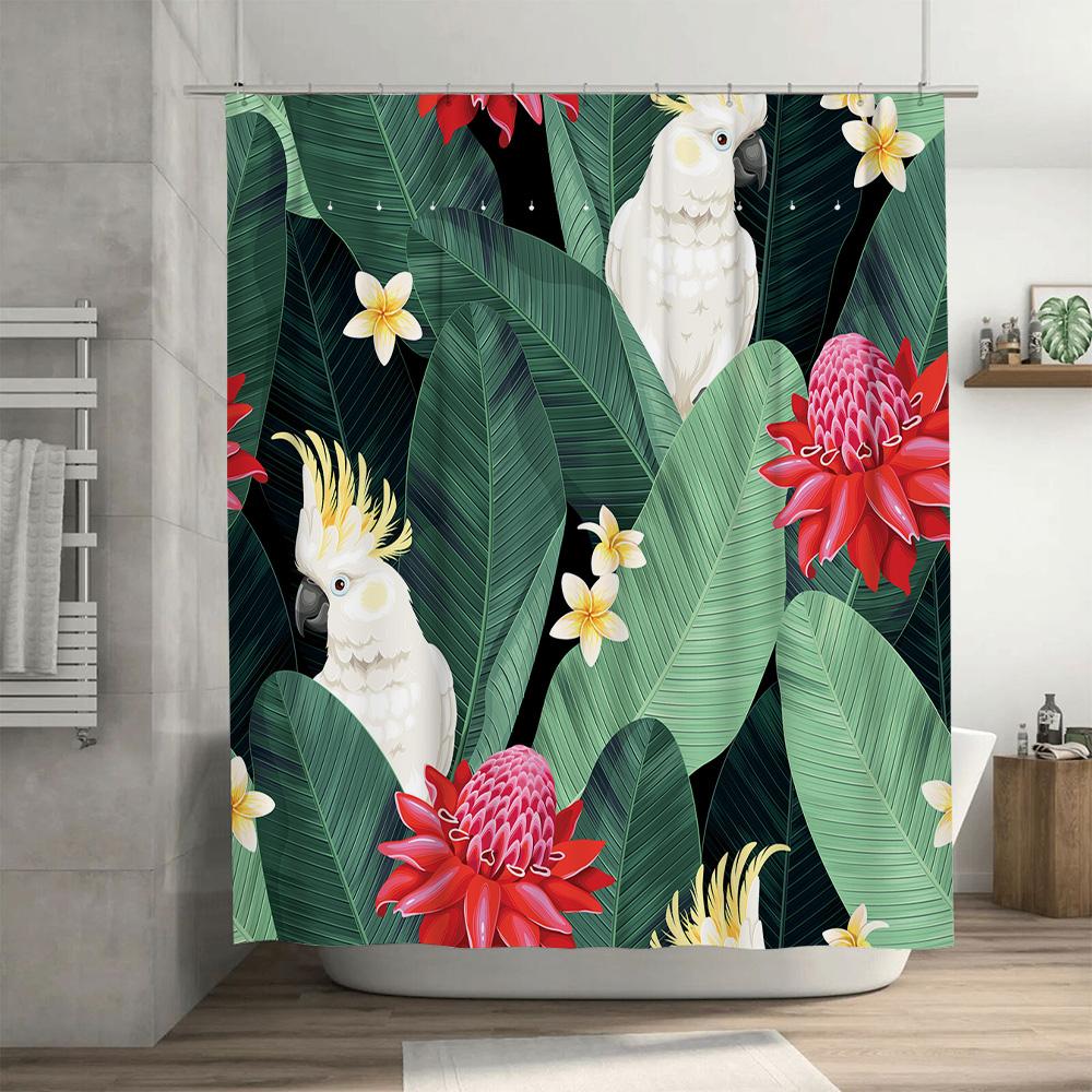 Animal Print Shower Curtain Tropical Birds Flowers Fabric Waterproof Bathroom Decor for Home Decoration White Cockatoos Red Blos