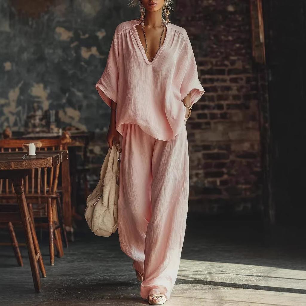 Damen V-Ausschnitt Kurzarm Locker sitzend Zweiteiliges Set Lässig Weite Hosen Outfit Mehrere Farben