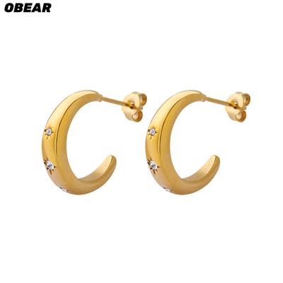 18K Gold Plated Stainless Steel C-Shaped Hoop Earrings for Women, Minimalist Cubic Zirconia Stud Earrings, Trendy Daily Jewelry