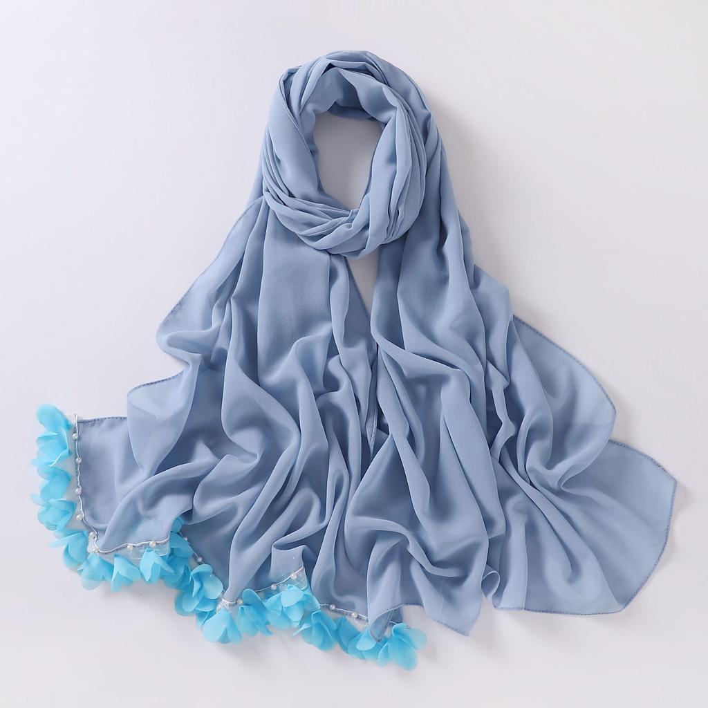 Fashion Bubble Pearl Chiffon Scarf Flower Beads Hijab Muslim Women Headscarf Turban Shawl Wrap Islam Veil Stoles Scarves Bufanda