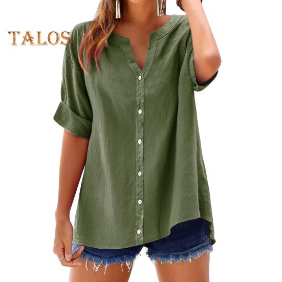 Damen-Shirt, Rundhalsausschnitt, kurze Ärmel, Knopfverschluss, einfarbig, lockere Passform, vielseitige Freizeitoberteile