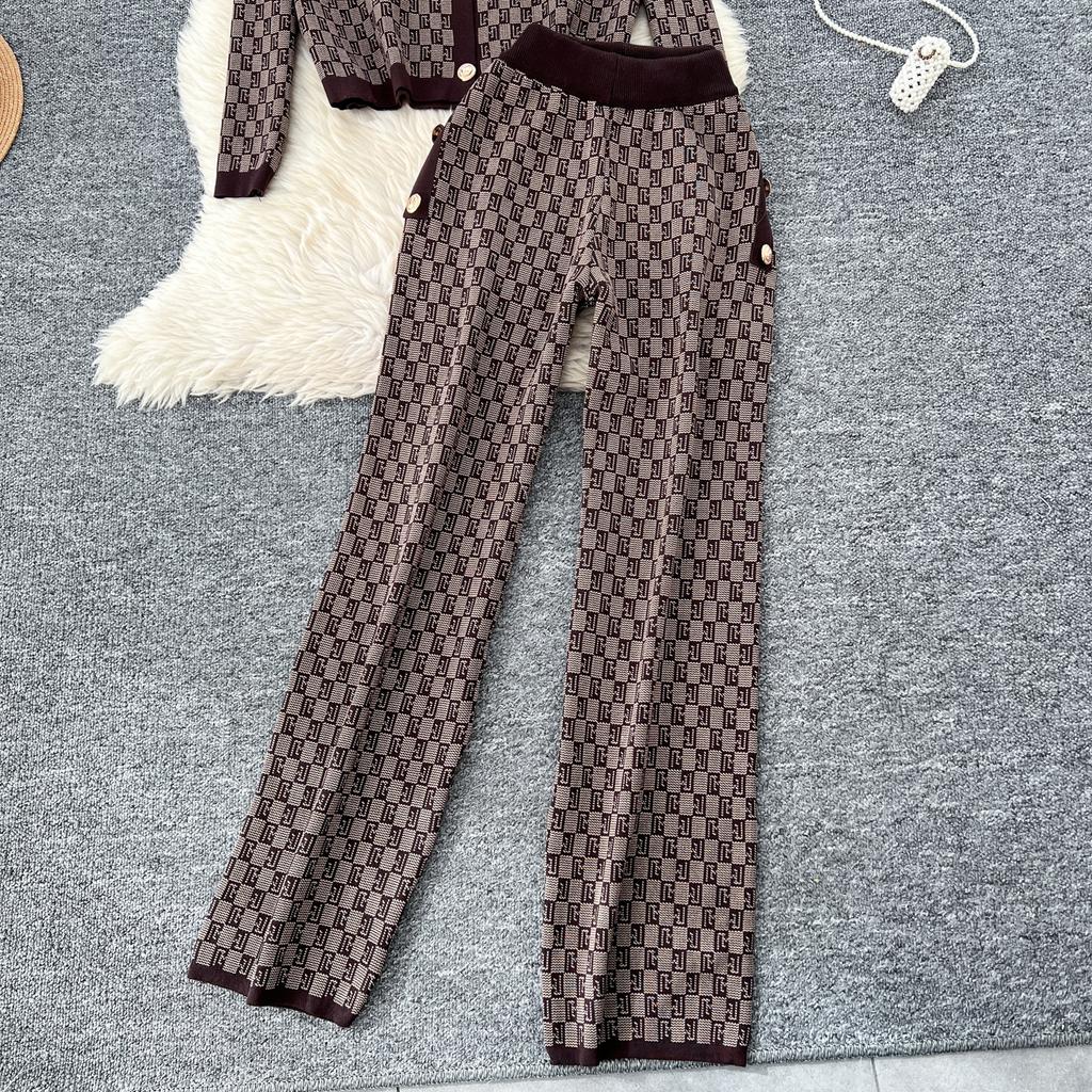 Winter Vintage Plaid Print Sweater Suits Women Knit Cardigan Elastic Long Pants American Retro Autumn Casual Three Pieces Sets