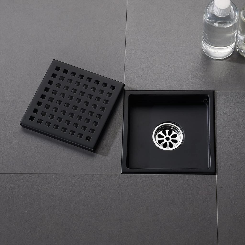 6 Inch Shower Drain Brushed Nickel Square with Adjustable Shower Drain Base Flange SUS304 Stainless Steel Floor Drain Cover Removable Mesh Grille