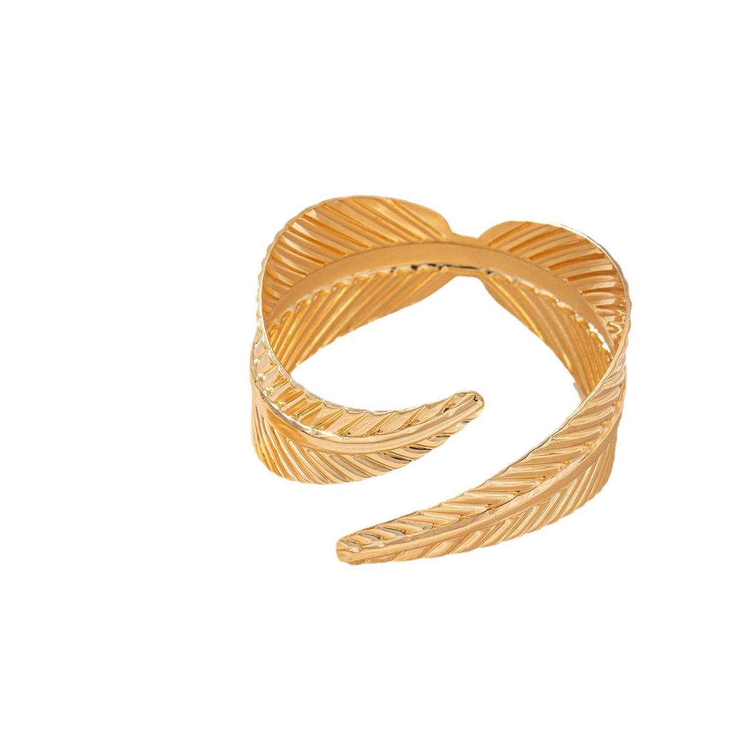 2PCS Geometric Crossing Leaves Cuff Bangles Ring for Women Holiday Fashionable Retro Metal Opening Bracelet Ring Zircon Set