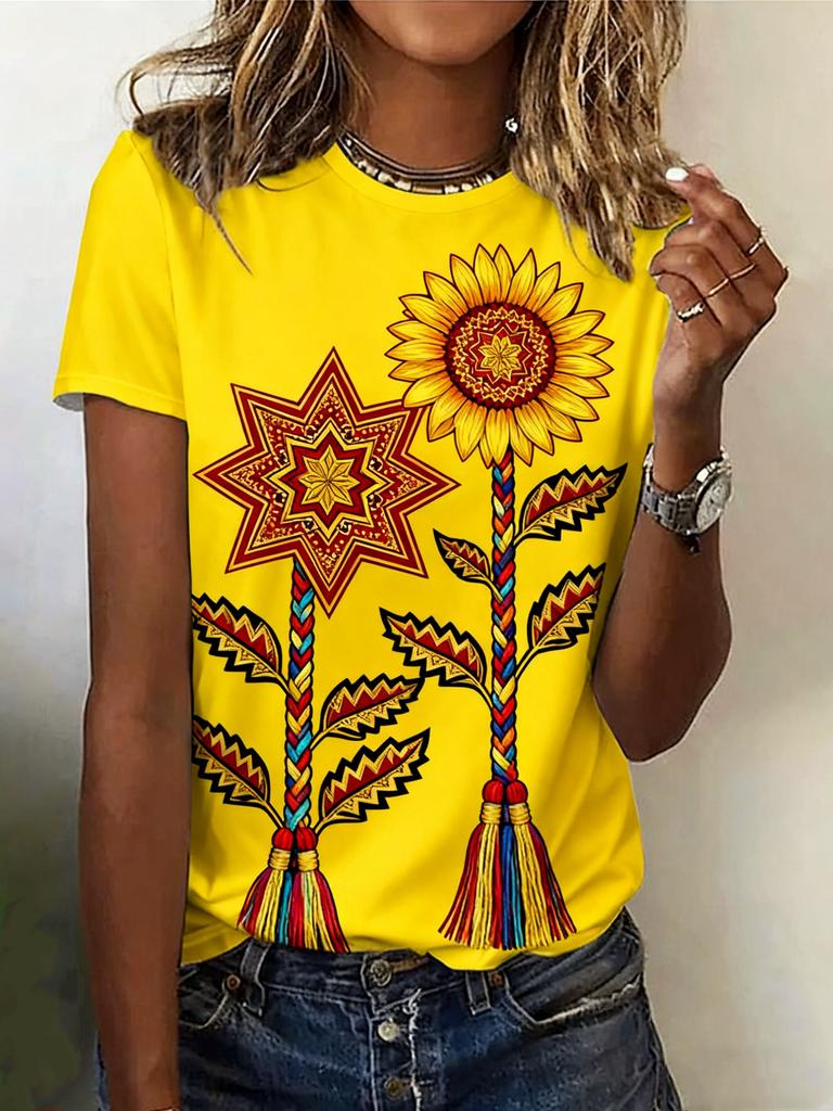 Summer Ethnic Floral 3D Print T-Shirts Women's Streetwear Round Neck Short Sleeve T Shirt Tees Harajuku Y2K Tops Female Clothing