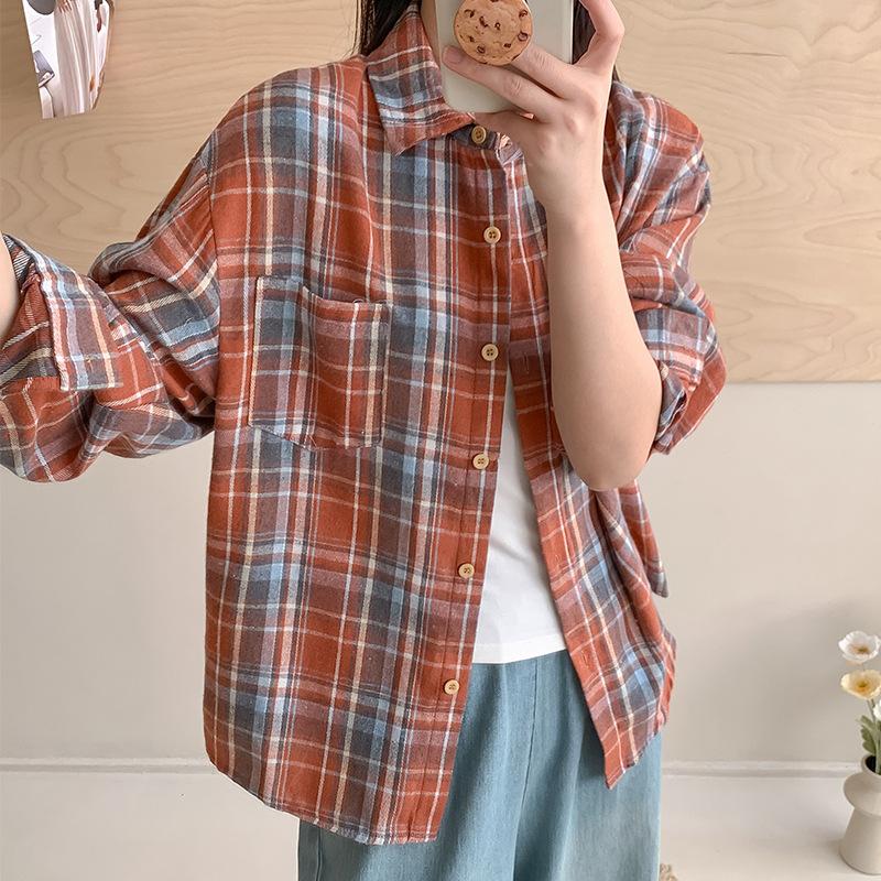 Retro Plaid Shirt Plain Tops Spring Autumn Lapel Long Sleeve Shirts Women Chic Loose Blouse Asian Size