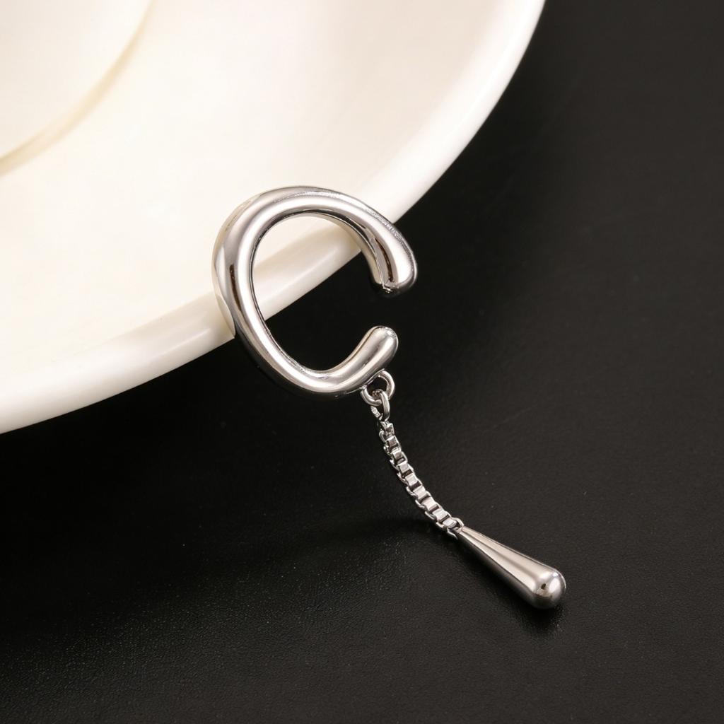 Silver Tone Teardrop Drop Ear Cuff with Chain No Piercing Minimalist Dangle Ear Jewelry for Women