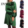 Sequin Embellished Dress Women Round Neck Lace-up Strap Shiny Patchwork Long Sleeves Midi Spring Party Loose Solid Color Knee Length Autumn